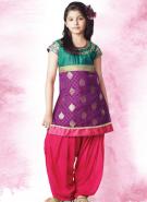 Зелёно-пурпурно-вишнёвый шёлковый наряд для индийского танца — шальвар камиз