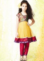 Жёлтый / малиновый костюм из парчи, украшенный вышивкой люрексом и стразами, для девочек от 2 до 16 лет