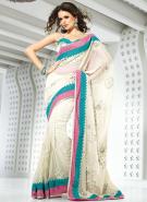 Белое индийское сари из креп-жоржета