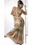 Кремовое индийское сари из креп-жоржета