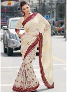 Кремово-белое индийское сари с бордовым кантом