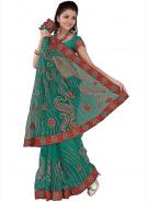 Тёмно-бирюзовое индийское сари из креп-жоржета с узорами