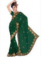 Тёмно-зелёное индийское сари из креп-жоржета