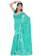 Бирюзовое индийское сари из креп-жоржета