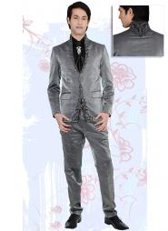 Серый зауженный мужской костюм-двойка + рубашка + галстук с брошью