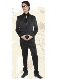 Чёрный зауженный мужской костюм-двойка из атласа + рубашка + галстук с брошью