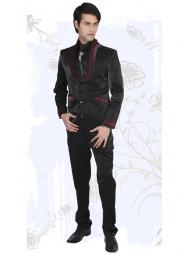 Чёрный зауженный мужской костюм-двойка + рубашка + галстук с брошью