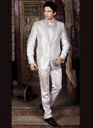 Серебристый необычный свадебный / вечерний мужской костюм-двойка + рубашка + галстук с брошью