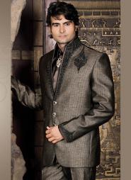 Серый необычный мужской костюм-двойка + рубашка + галстук с брошью