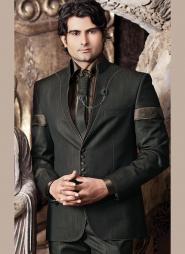 Тёмно-оливковый свадебный / вечерний френч (воротник — стойка) + брюки + рубашка + галстук с брошью