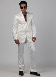 Белоснежный современный свадебный / вечерний мужской костюм-двойка из атласа + красновато-коричневая рубашка