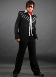 Чёрный оригинальный мужской френч + брюки + серебристая рубашка + яркий шейный платок цвета кармин