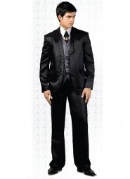 Чёрный праздничный мужской костюм-тройка (с жилетом) + белая рубашка + галстук с брошью