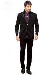 Чёрный стильный мужской костюм-двойка из атласа + рубашка + галстук с брошью
