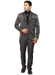 Мужской современный костюм-двойка из атласа цвета мокрого асфальта + рубашка + галстук с брошью