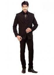 Чёрный элегантный мужской костюм-тройка (с жилетом) из атласа + рубашка + галстук с брошью