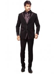 Чёрный красивый мужской костюм-двойка из атласа + рубашка + галстук с брошью