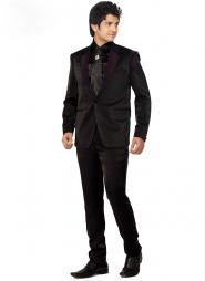 Чёрный строгий мужской костюм-двойка из атласа + рубашка + галстук с брошью