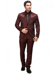 Бордовый летний мужской костюм-двойка из атласа + рубашка + галстук с брошью