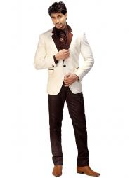 Сливочный с кирпичным модный свадебный / вечерний мужской костюм-двойка из парчи + рубашка + галстук с брошью