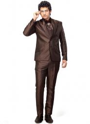 Кофейный деловой мужской костюм-двойка из атласа + рубашка + галстук с брошью