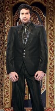 Чёрный современный мужской костюм-тройка (с жилетом) + рубашка + галстук с брошью