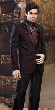 Бордовый дизайнерский мужской костюм-тройка (с жилетом) + рубашка + галстук с брошью