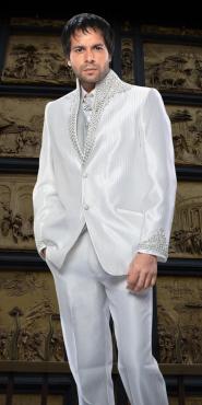 Белоснежный оригинальный свадебный / вечерний мужской костюм-тройка (с жилетом) + рубашка + галстук с брошью