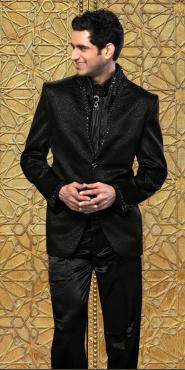 Чёрный элитный дорогой мужской костюм-двойка из жаккардовой ткани + рубашка + галстук с брошью