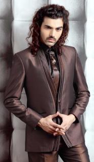 Кофейный современный мужской костюм-двойка + рубашка + галстук с брошью