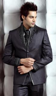 Тёмно-серый вечерний мужской костюм-двойка + рубашка + галстук с брошью