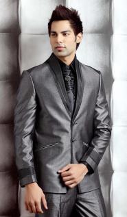 Серый модный мужской костюм-двойка + рубашка + галстук с брошью