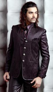 Тёмно-фиолетовый гламурный мужской костюм-тройка из жаккардовой ткани (с жилетом) + рубашка + галстук с брошью