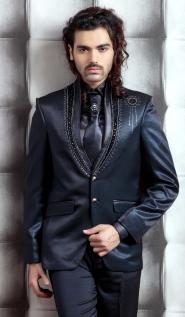 Модный мужской тёмно-голубой костюм-двойка + рубашка + галстук с брошью