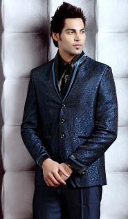 Синий с чёрным модный мужской костюм-двойка + рубашка + галстук с брошью