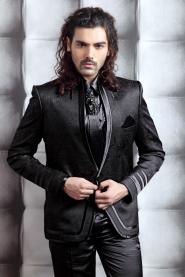 Чёрный модный мужской костюм-двойка + рубашка + галстук с брошью