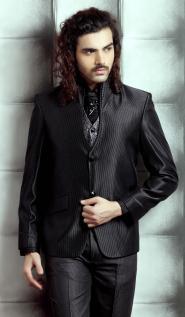 Оригинальный мужской чёрный костюм-тройка (с жилетом) + рубашка + галстук с брошью