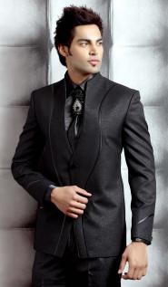 Антрацитовый необычный мужской костюм-двойка + рубашка + галстук с брошью