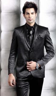 Чёрный современный мужской костюм-двойка из атласа + рубашка + галстук с брошью