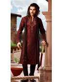 Бордово-чёрный мужской индийский национальный костюм из парчи, украшенный стразами, бисером и пайетками