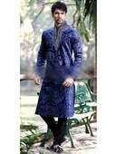 Сине-чёрный мужской индийский национальный костюм из бархата, украшенный вышивкой скрученной шёлковой нитью, бисером и пайетками