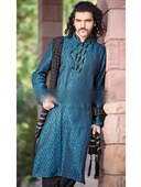 Чёрно-бирюзовый мужской индийский национальный костюм из парчи, украшенный вышивкой скрученной шёлковой нитью и бисером