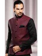 Бордовый классический мужской жилет из льна, воротник — стоечка