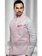 Розовый классический летний мужской жилет из льна, с карманами, воротник — стоечка