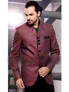 Тёмно-алый модный мужской френч (воротник — стойка) из льна
