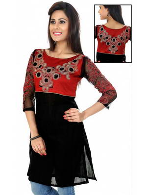 Чёрное с красным короткое вечернее платье / туника из натурального индийского шёлка, с прозрачными рукавами три четверти, украшенная вышивкой скрученной шёлковой нитью и пайетками