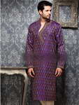 Пурпурно-бежевый мужской индийский национальный костюм из жаккардовой ткани, украшенный вышивкой, стразами, бисером и бусинками