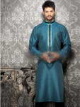 Бирюзово-чёрный мужской индийский национальный костюм из натурального индийского шёлка