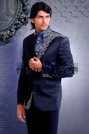 Вельветовый мужской костюм-двойка цвета сапфира, украшенный вышивкой с бисером и пайетками + брюки + рубашка