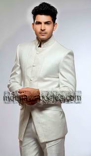 Модный белый свадебный / вечерний френч (воротник — стойка) + брюки